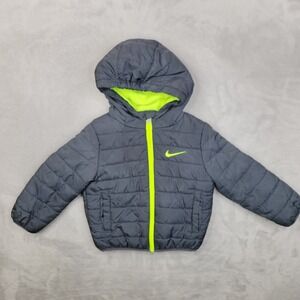 Nike Jacket Toddler Boys 2T‎ Gray Neon Green Hooded Puffer Winter Coat Fleece